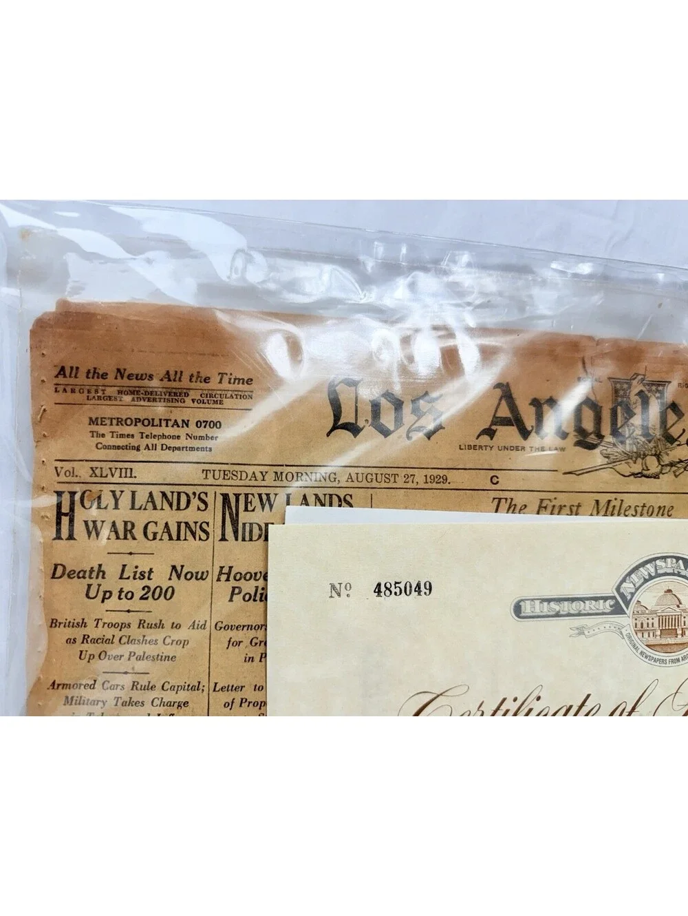 August 27, 1929 Los Angeles Times Newspaper w/ COA Pre-Crash Historic Issue